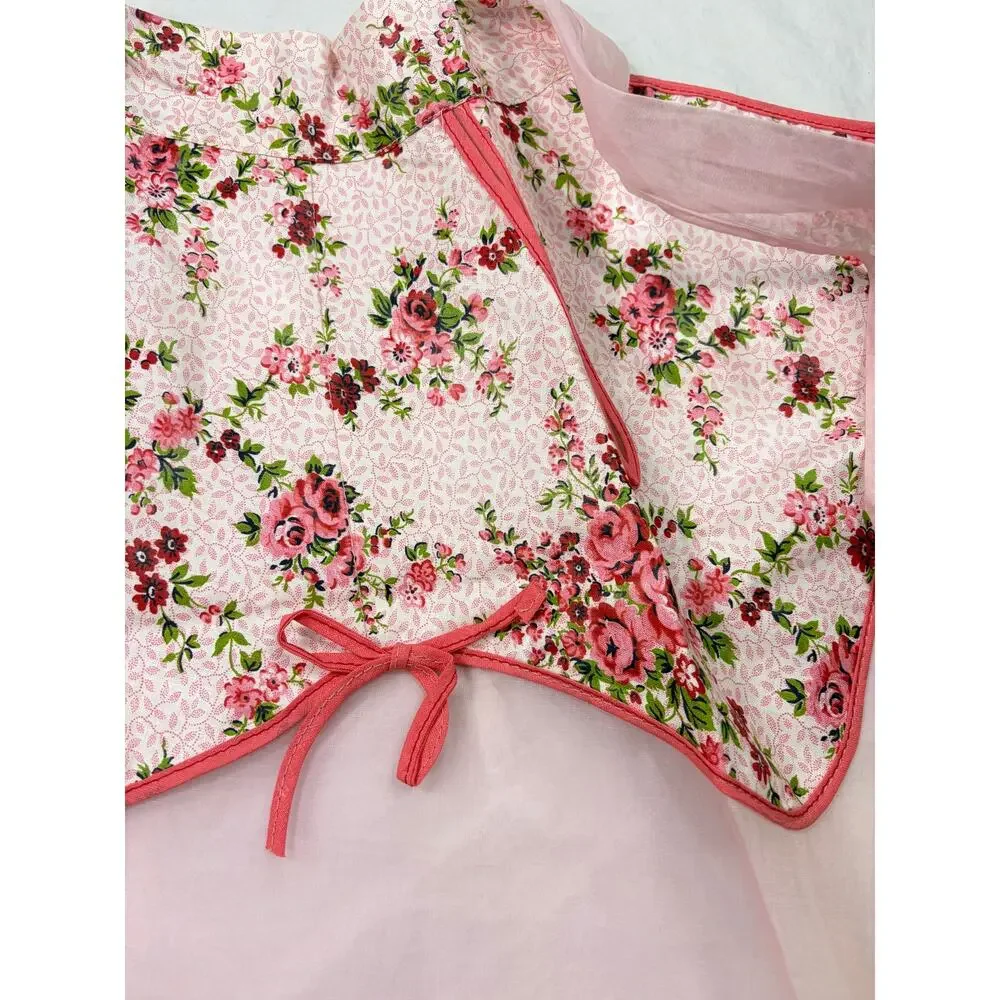VTG 1950s pink floral waist apron with sheer bottom, pockets Up to 30 inch waist
